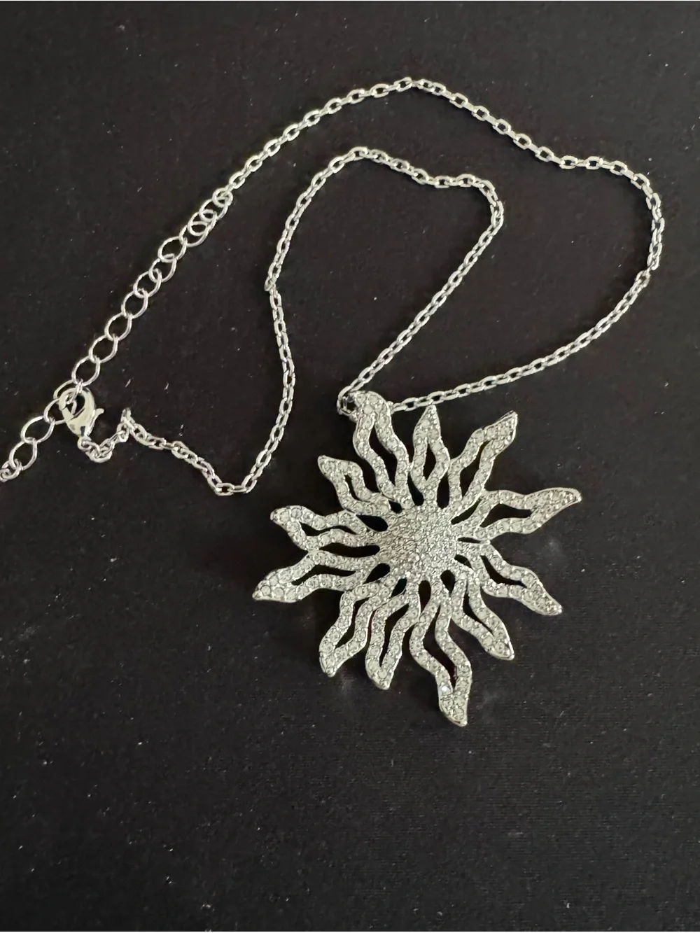 Sunburst Silver-tone Sparkling Pendant Necklace -  24” Adjustable Chain